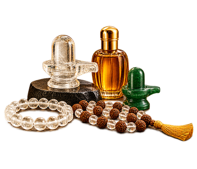 crystal mala, shivalingams, and amber perfume